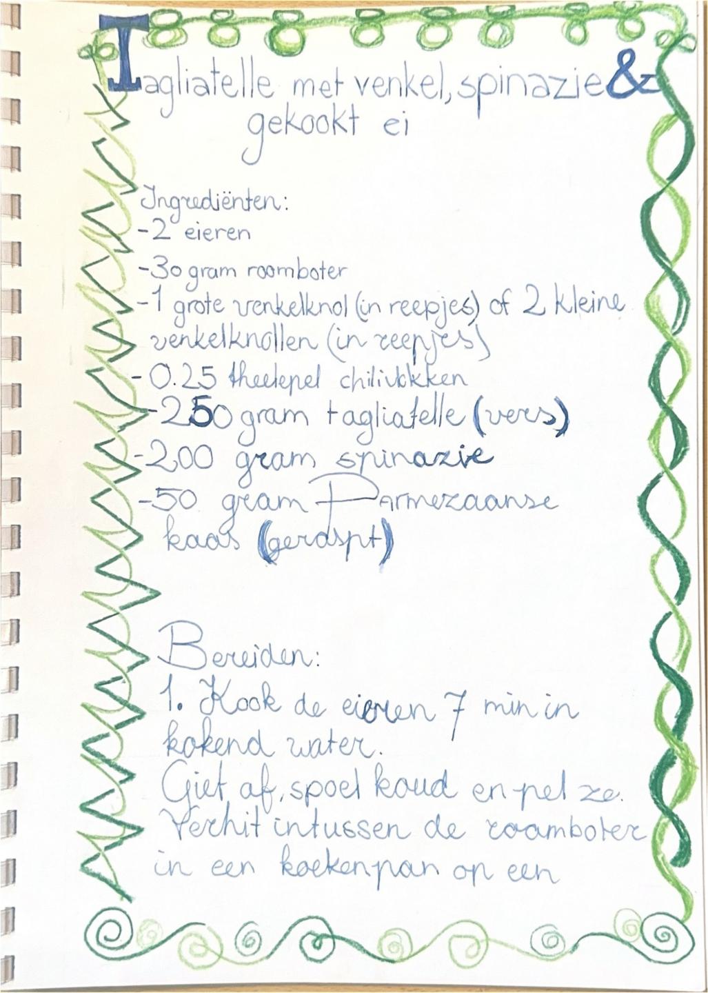 recept van tagliatelle met venkel, spinazie en gekookt ei