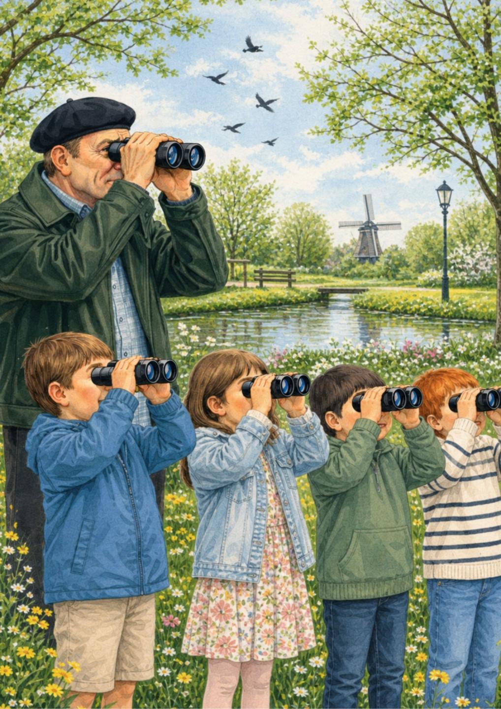 illustratie van de kindervogelexcursie