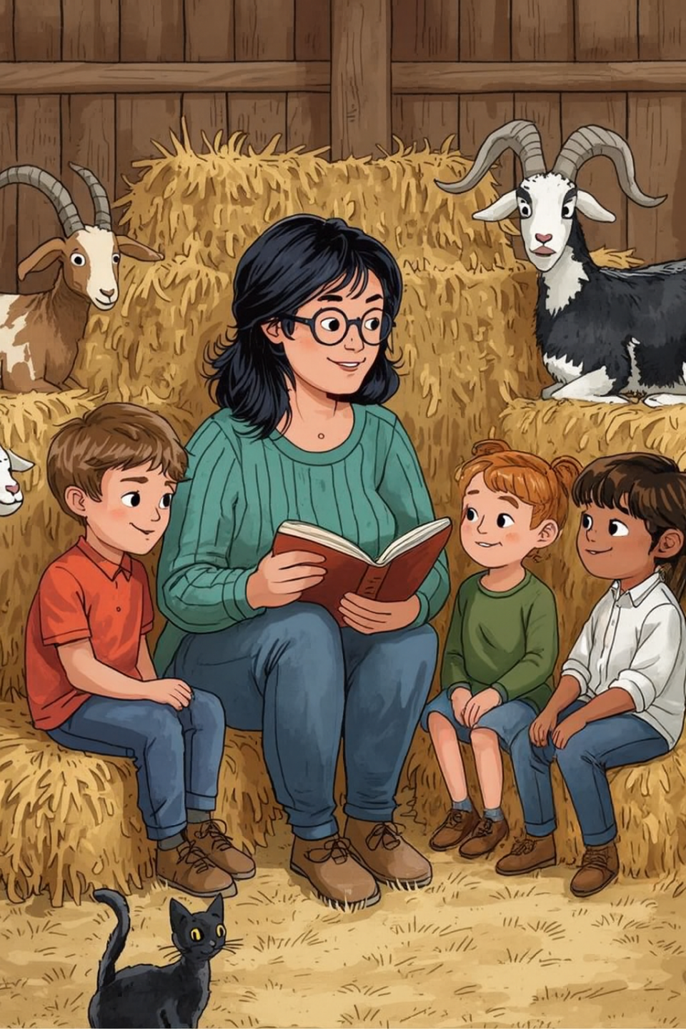 Illustratie van het voorleeshalfuurtje op de kinderboerderij